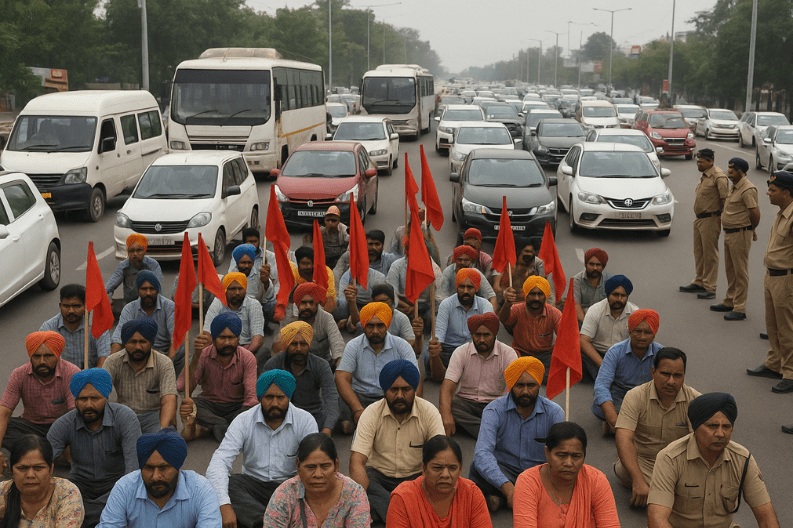 Traffic Chaos as Roadway Worker Protest on Kharar-CHD Highway