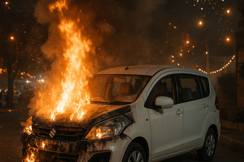 Car Damaged by Firecracker Sparks During Diwali Celebrations